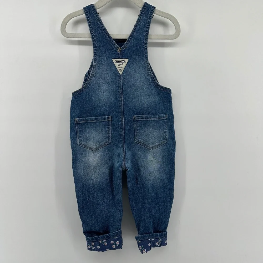 OshKosh Bgosh Girls Blue Denim Floral Trim Bib Overalls 18M 1H235510